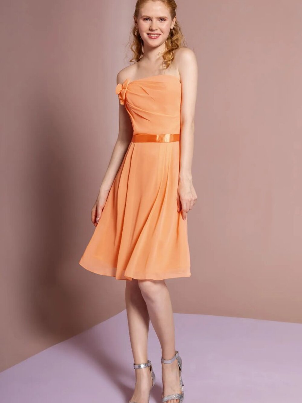 NEW ORANGE Satin & Chiffon Strapless Cocktail Dress Formal GS1080